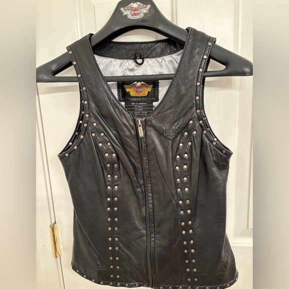 Vintage Harley Davidson Black Leather fancy ✨silver  Studded ✨Vest -XS-Zip front - Picture 15 of 16